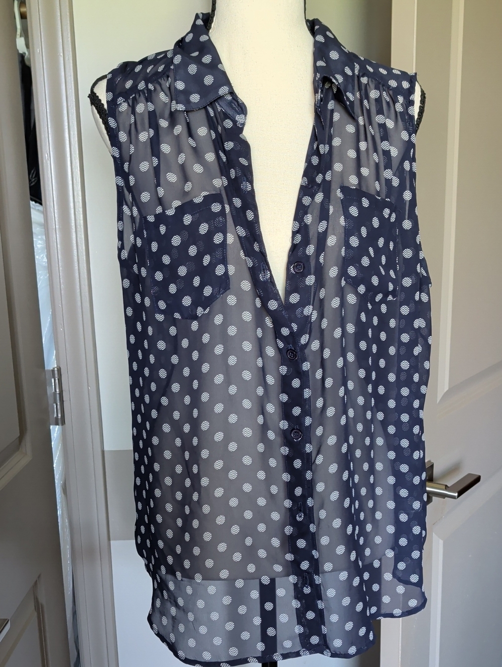 Navy Sheer Polka Dot Sleeveless Blouse